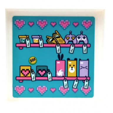 white panel 1 x 6 x 5 with shelves cell phones game controllers price tags and dark pink hearts on medium azure background pattern sticker - set 41450