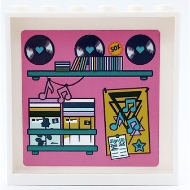 white panel 1 x 6 x 5 with shelves vinyl records cds and poster with music notes on dark pink background pattern sticker - set 41450