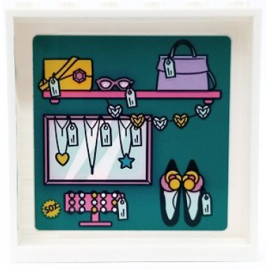 white panel 1 x 6 x 5 with shelf mirror handbags necklaces shoes and price tags on dark turquoise background pattern sticker - set 41450