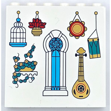 white panel 1 x 6 x 5 with dark turquoise and red plant gold lute medium azure bird cage and arched window mirror and drum pattern