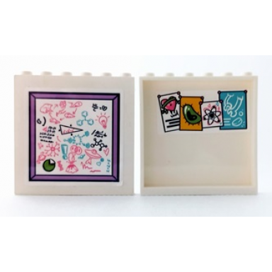 white panel 1 x 6 x 5 with whiteboard with drawings of chemical formulas on outside and pictures of heart cell atom orbitals and bones on inside pattern stickers - set 41682
