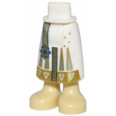 white mini doll hips and skirt long with molded tan legs and printed gold hem with tan triangles metallic light blue strap and star emblem pattern - thick hinge