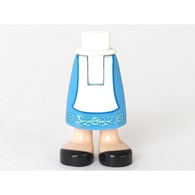 white mini doll hips and medium blue skirt long with molded light nougat legs and printed white apron metallic light blue roses and black shoes pattern - thick hinge