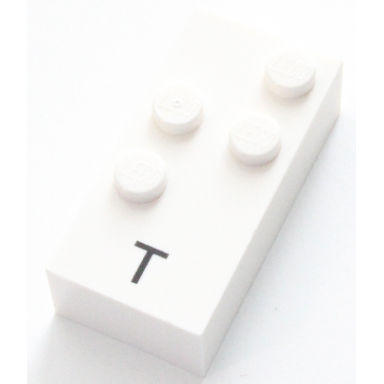 white brick braille 2 x 4 with 4 studs with black capital letter t pattern dots-2345 â 