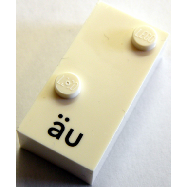 white brick braille 2 x 4 with 2 studs with black lowercase letters a with diaeresis u ã¤u pattern dots-34 â  german