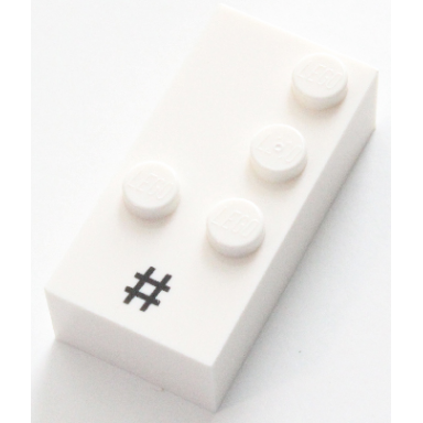 white brick braille 2 x 4 with 4 studs with black number sign hash pound sign pattern dots-3456 â ¼