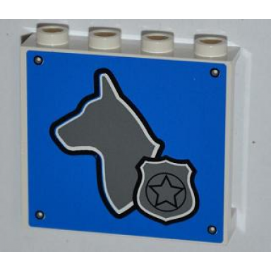 white panel 1 x 4 x 3 with side supports - hollow studs with dog head and silver police badge on blue background pattern sticker - set 4441