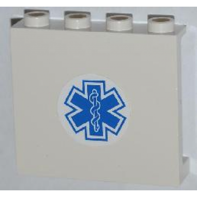white panel 1 x 4 x 3 with side supports - hollow studs with blue emt star of life pattern sticker - set 4431