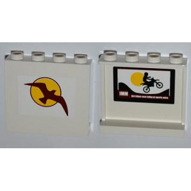white panel 1 x 4 x 3 with side supports - hollow studs with bird and sun on outside and motorcycle on inside pattern stickers - set 4435