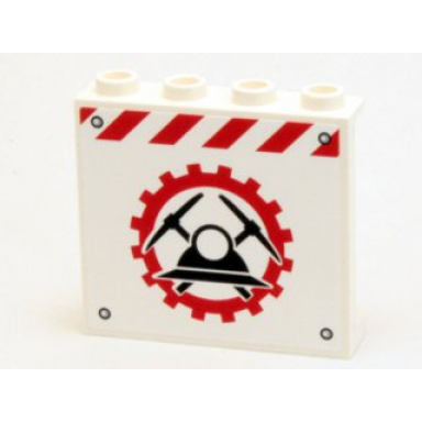 white panel 1 x 4 x 3 with side supports - hollow studs with miners logo helmet with crossed pickaxes in gear pattern sticker - set 4204