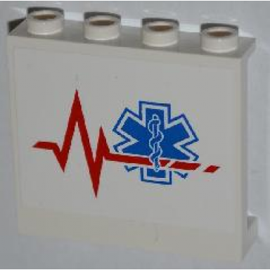 white panel 1 x 4 x 3 with side supports - hollow studs with red heart monitor line and emt star of life pattern model left side sticker - set 4429