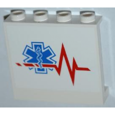 white panel 1 x 4 x 3 with side supports - hollow studs with red heart monitor line and emt star of life pattern model right side sticker - set 4429