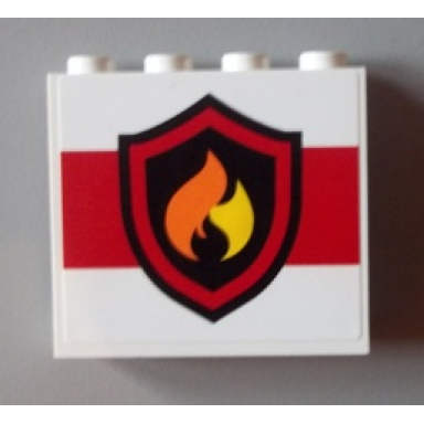 white panel 1 x 4 x 3 with side supports - hollow studs with black and yellow fire logo badge on white background pattern sticker - set 60004 60110