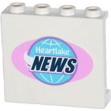 white panel 1 x 4 x 3 with side supports - hollow studs with globe with heartlake news pattern sticker - set 41056