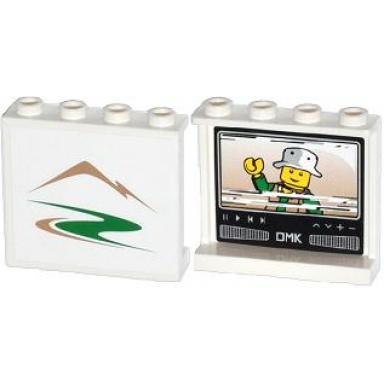 white panel 1 x 4 x 3 with side supports - hollow studs with mountains green road on outside and minifigure on tv on inside pattern stickers - set 60057