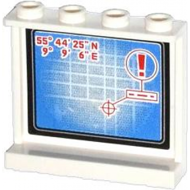 white panel 1 x 4 x 3 with side supports - hollow studs with map with coordinates target and red exclamation mark pattern on inside sticker - set 60044