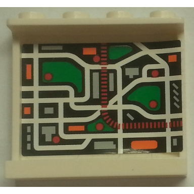 white panel 1 x 4 x 3 with side supports - hollow studs with map street pattern 7 on inside sticker - set 7642