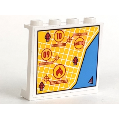 white panel 1 x 4 x 3 with side supports - hollow studs with street map fire hydrant locations and 09 10 60110 and flame in circles pattern sticker - set 60110