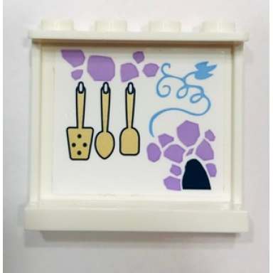 white panel 1 x 4 x 3 with side supports - hollow studs with lavender scattered stones and three hanging utensils pattern sticker - set 41154