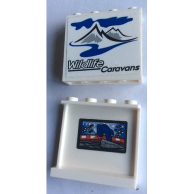 white panel 1 x 4 x 3 with side supports - hollow studs with wildlife caravans on outside and tv screen pattern on inside stickers - set 60182