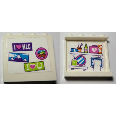 white panel 1 x 4 x 3 with side supports - hollow studs with bumper stickers on outside and bathroom toiletries on inside pattern stickers - set 41339