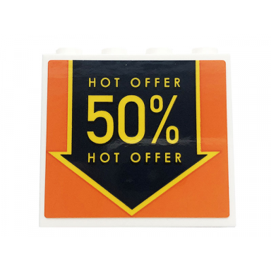 white panel 1 x 4 x 3 with side supports - hollow studs with black arrow on orange background and hot offer 50% pattern sticker - set 60258