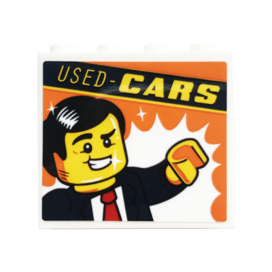 white panel 1 x 4 x 3 with side supports - hollow studs with used - cars and minifigure pattern sticker - set 60258
