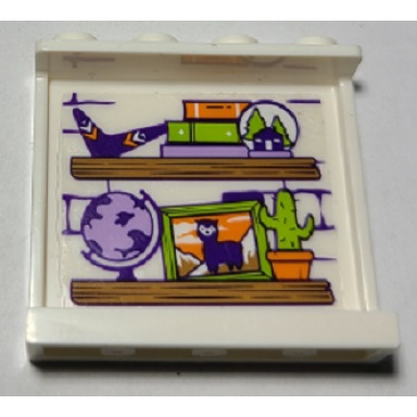 white panel 1 x 4 x 3 with side supports - hollow studs with 2 wooden shelves and toys pattern sticker - set 41369