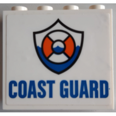 white panel 1 x 4 x 3 with side supports - hollow studs with blue coast guard and logo pattern sticker - set 60167