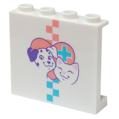 white panel 1 x 4 x 3 with side supports - hollow studs with dog cat and coral and medium azure checkered stripe heart and hospital cross pattern