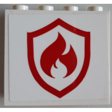 white panel 1 x 4 x 3 with side supports - hollow studs with red and white fire logo badge pattern sticker - sets 60215 77943