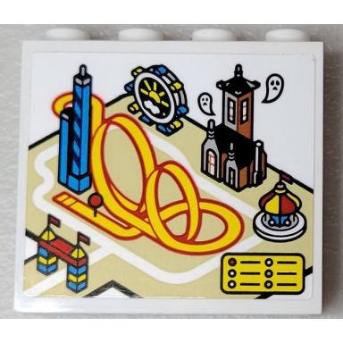 white panel 1 x 4 x 3 with side supports - hollow studs with amusement park map with loop coaster haunted house ferris wheel and carousel pattern sticker - set 10303