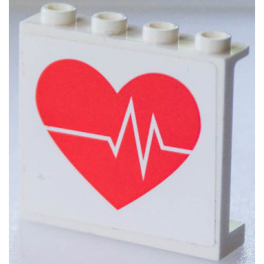white panel 1 x 4 x 3 with wide side supports - hollow studs with coral heart with ecg monitor line pattern sticker - set 41394