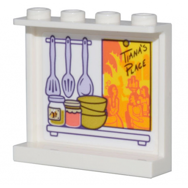 white panel 1 x 4 x 3 with side supports - hollow studs with kitchen spoons bowls and jars and orange poster tianas place pattern sticker - set 43205