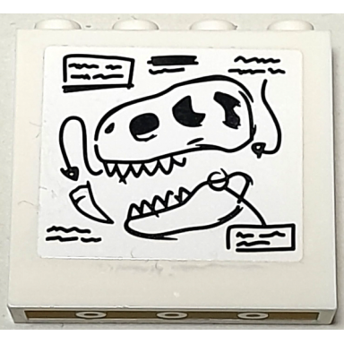 white panel 1 x 4 x 3 with side supports - hollow studs with black tyrannosaurus rex skeleton head sketch and writing pattern sticker - set 76940
