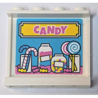 white panel 1 x 4 x 3 with side supports - hollow studs with yellow sign with dark pink candy jars lollipops and sugar canes on medium azure background pattern sticker - set 41456