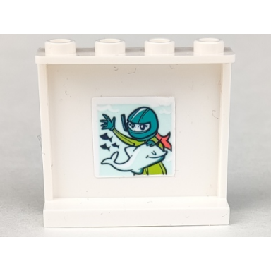 white panel 1 x 4 x 3 with side supports - hollow studs with picture of lime diver with dark turquoise helmet and light aqua dolphin pattern sticker - set 41381