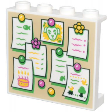 white panel 1 x 4 x 3 with side supports - hollow studs with tan bulletin board white notes with bright green dark pink and yellow pins and animal crossing k.k slider pattern