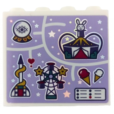 white panel 1 x 4 x 3 with side supports - hollow studs with fun fair map with ice creams crystal ball ferris wheel slide tent with rabbit in hat and iridescent mirrored stars pattern sticker - set 41689