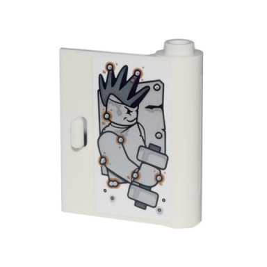 white door 1 x 3 x 3 right - open between top and bottom hinge with minifigure with mohawk holding dumbell and metal rivets pattern sticker - set 70840