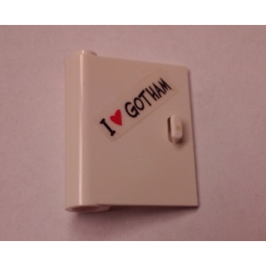 white door 1 x 3 x 3 left - open between top and bottom hinge with i heart gotham pattern sticker - set 7888