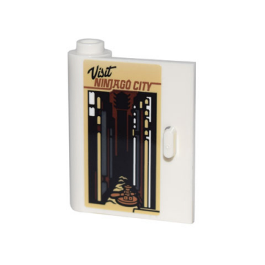 white door 1 x 3 x 3 left - open between top and bottom hinge with poster visit ninjago city streetscape and minifigure pattern sticker - set 70840