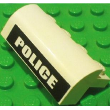 white slope curved 2 x 4 x 1 1 3 with 4 recessed studs with white police on black background pattern sticker - set 7237