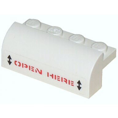 white slope curved 2 x 4 x 1 1 3 with 4 recessed studs with red open here with black arrows pattern sticker - set 5974