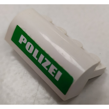 white slope curved 2 x 4 x 1 1 3 with 4 recessed studs with white polizei on green background pattern sticker - set 7237