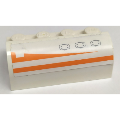 white slope curved 2 x 4 x 1 1 3 with 4 recessed studs with hatches and orange stripes pattern model right side sticker - set 7649