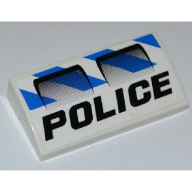 white slope curved 2 x 4 x 2 3 without bottom tubes with 2 air intakes police and blue and white danger stripes pattern sticker - set 7970