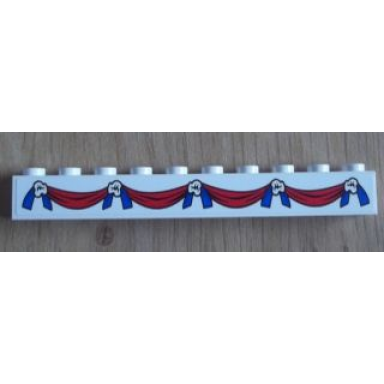 white brick 1 x 10 with blue and red ribbon and white flowers pattern sticker - set 8639