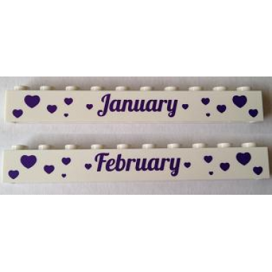 white brick 1 x 10 with dark purple january and february pattern on opposite sides