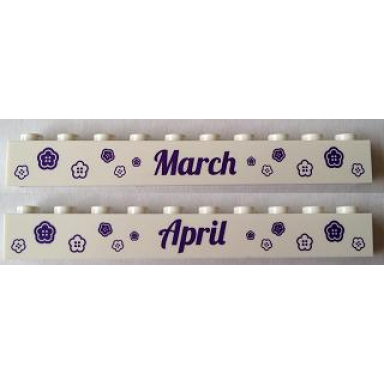 white brick 1 x 10 with dark purple march and april pattern on opposite sides
